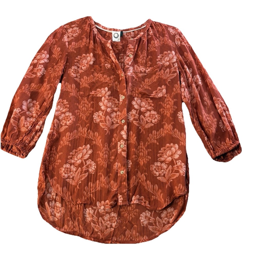 Anthropologie Akemi+‎ Kin Blouse Womens XS Rust Orange Floral Boho Lightweight
